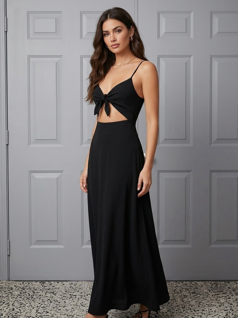 Vici Black Cutout Tie-Front Maxi Dress with Spaghetti Straps